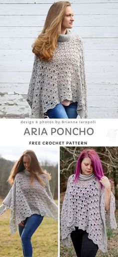 a woman wearing a white crochet poncho in three different photos and text that says, free crochet pattern