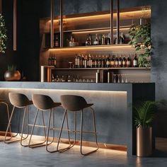 three bar stools in front of a counter with bottles on it