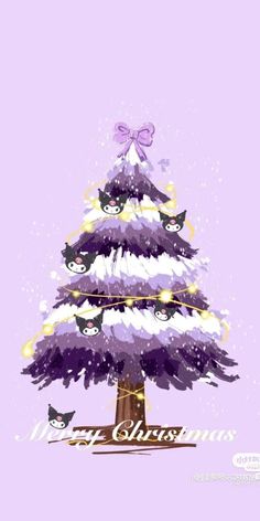 a purple christmas tree with cats around it