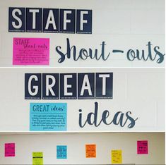 two pictures with sticky notes attached to the wall and one has writing on it that says staff - outs, great ideas