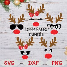 reindeer face svg files with glasses and red nose on white wooden background for christmas decorations