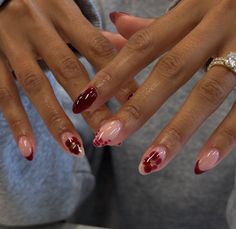 Clean Girl Nails Christmas, Clean Girl Christmas Nails, Dark Red Fall Nails, Dark Red Nails With Design, Dark Red Nail Designs, Nails School, Ring Nails, Almond Acrylic Nails Designs, Deep Red Nails