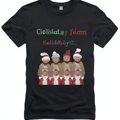 a group of people wearing santa hats and holding christmas presents on a black t - shirt