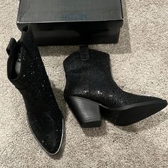 Black Rhinestone Cowgirl Ankle Booties - Never Worn And Comes With Box Black Crystal-embellished Boots For Night Out, High Heel Black Boots With Rhinestones, Black High Heel Boots With Rhinestones, Black Rhinestone Boots For Evening, Black Evening Boots With Rhinestones, Black Party Boots With Bling, Party Black Boots With Bling, Black High Heel Boots With Bling, Black Rhinestone Ankle Boots