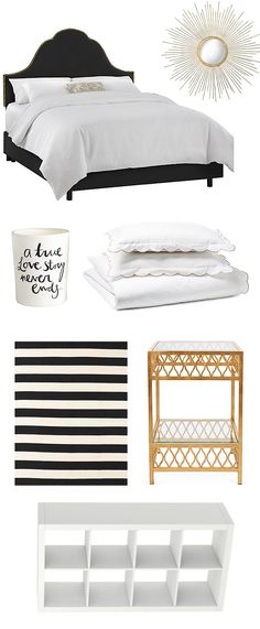 white and black bedroom mood board with gold accents on the bed, nightstands, pillows, and wall decor