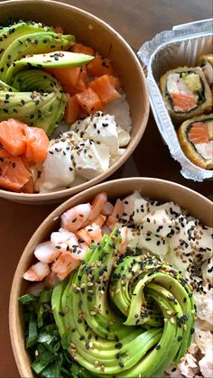 two bowls filled with different types of sushi