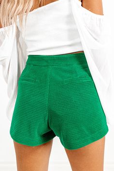 - Grab a drink and cheers to these luxe shorts! - Unlined textured material - A high waistline featuring back zip closure - Functional side pockets - A figure flattering silhouette that ends in straight upper thigh length hemlines Measurements S : Front Rise 13.5", Hip 34", Inseam 2.5", Length 12", Waist 27". M : Front Rise 14", Hip 36", Inseam 3", Length 13", Waist 29". L : Front Rise 14", Hip 38", Inseam 3", Length 13.5", Waist 31". Green High-waisted Shorts For Day Out, Green Bottoms With Built-in Shorts For Day Out, Green Bottoms For Day Out With Short Inseam, Green Bottoms With Short Inseam For Day Out, Trendy Green Shorts With Short Inseam, Trendy Green Mini Shorts, Casual Green Mini-length Shorts, Chic Green Shorts With Short Inseam, Trendy Green Mini Length Bottoms