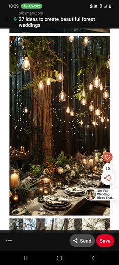 an image of a table setting with lights hanging from the trees and candles on it