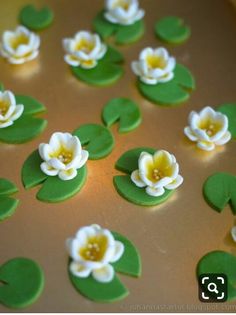 the cake is decorated with fondant flowers and leaves