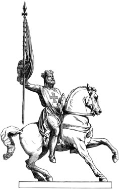 a black and white drawing of a man on a horse holding a flag while riding it