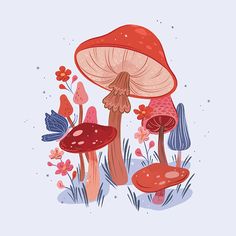 an illustration of mushrooms and flowers on a blue background