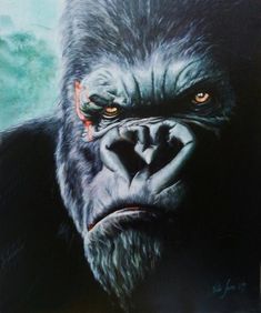 a painting of a gorilla with orange eyes