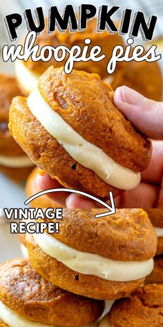 pumpkin whoopie pies stacked on top of each other with the words vintage recipe below