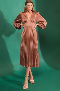 GREAT IMPRESSIONS SATIN MIDI DRESS l FLYING TOMATO | Flying Tomato Classic Wedding Guest Dress, Midi Skirt Outfit Winter, Salmon Dress, Pink Pleated Dress, Pleated Satin Dress, Pleated Gown, Peasant Sleeve, Winter Skirt Outfit, Flying Tomato