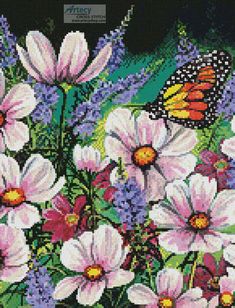 a painting of purple flowers and a butterfly