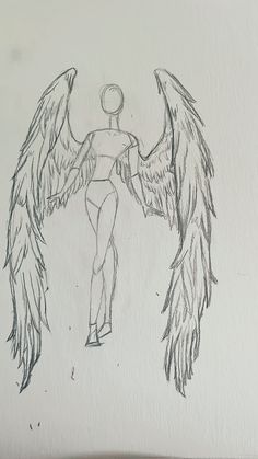 a drawing of an angel with two wings on it's back and one wing extended to the side