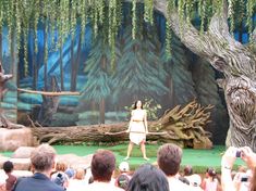 a woman standing on top of a lush green field next to a forest filled with trees