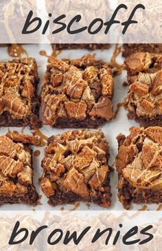 chocolate brownies with caramel drizzled on top and the words biscoff brownies above them