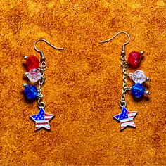 Patriotic Earrings - Red White & Blue With Star Pendant Patriotic Multicolor Dangle Jewelry, Blue Patriotic Earrings For Independence Day, Patriotic Blue Earrings For Independence Day, Patriotic Red Star-shaped Earrings, Patriotic Adjustable Dangle Jewelry, Patriotic Drop Earrings Jewelry Gift, Patriotic Dangle Jewelry For Gifts, Adjustable Red Patriotic Earrings, Nickel Free Dangle Jewelry For 4th Of July