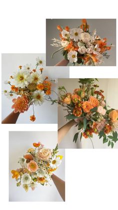 four different images of flowers in various stages of blooming, from orange to white