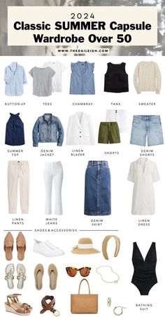 2024 Must-Have Summer Wardrobe Essentials Over 50 — THE DAILEIGH Capsule Work Wardrobe Summer 2024, Travel Capsule Wardrobe Summer Over 50, Summer Wardrobe Essentials 2024, Summer Staple Pieces, Summer 2024 Capsule Wardrobe, Summer Capsule Wardrobe 2024, 333 Wardrobe, Summer Essentials Clothes, Fashionista Room