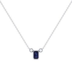 Our Emerald Cut Sapphire & Diamond Birthstone Necklace gives your style a refreshing edge. Crafted in 14K Gold  for the refined modern woman. Birthstone Necklace for Women Metal: 14K Gold (White / Yellow) Gem Type: Emerald Cut Sapphire Gemstone (0.39 CTTW) Diamonds: Natural Round Shape (0.04 CTTW) Diamond Color/Clarity: GH/SI1 Setting: Bezel with Milgrain Chain: 18 inch with jump rings at 16 & 17 inches. Elegant Sapphire Diamond Necklace, Elegant Yellow Gold Sapphire Diamond Necklace, Luxury Silver Necklace With Accent Stones, Elegant Sapphire Necklaces, Luxury Silver Necklaces With Accent Stones, Elegant Emerald Cut Diamond Necklace With Gemstone, Fine Jewelry Sapphire Necklace With Polished Finish, Luxury Diamond Necklace With Accent Stones, Elegant Sapphire Necklace With Emerald Cut