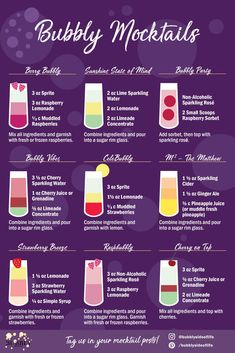 a purple poster with different types of cocktails on it and the names of each drink