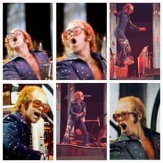 four pictures of the same person singing on stage