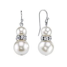 These gorgeous pearl drop earrings will add a touch of sophistication to your special event. Featuring two synthetic pearl beads separated by a silver-tone bead adorned with clear crystals, these beautiful earrings will make heads turn. Pearl Dangle Earrings Wedding, Fake Earrings, Vintage Inspired Earrings, 1928 Jewelry, White Pearl Earring, Faux Pearl Earrings, Jewelry White, Name Jewelry, Triangle Earrings