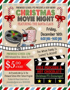 a christmas movie night flyer with candy canes and film reel on the side,