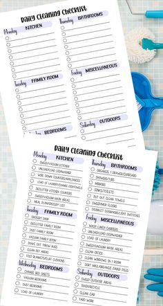 the daily cleaning checklist is on top of a table with blue utensils