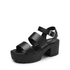 a women's black platformed sandal with two straps