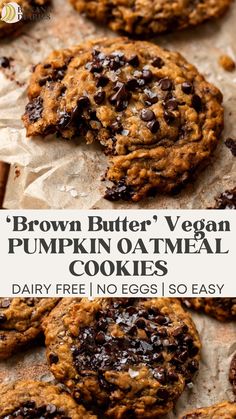 brown butter vegan pumpkin oatmeal cookies on parchment paper with text overlay