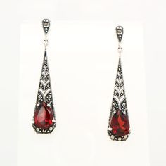 Earring informations:  Setting: Sterling Silver Stones: Marcasite, Garnet Earring drop: 45mm Garnet Earring, Garnet Drop Earrings, October Art, Marcasite Earrings, Garnet Jewelry, Garnet Earrings, Sterling Silber, Garnet, Jewelry Earrings Dangle