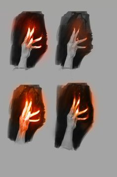 four different images of hands holding something in the air with flames coming out of them