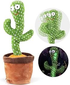 a green cactus in a pot with eyes on it's head and the bottom is made out of fabric