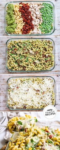 four glass dishes filled with different types of pasta and sauces on top of each other