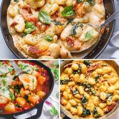 four different pictures of pasta and spinach in various pans, with one being cooked