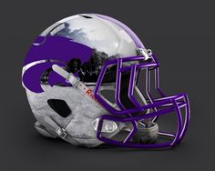 a purple and white football helmet on a gray background