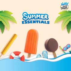 an advertisement for the summer essentials campaign with popsicles, ice cream and life preservers