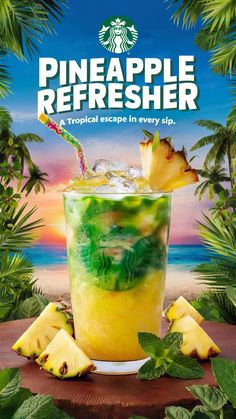 Skip the Starbucks® line & whip up this refreshing pineapple drink at home! Just a few ingredients for a taste of summer paradise. #starbucksathome #pineappleparadise #diyrefresher Pineapple Refresher Recipe, Pineapple Refresher, Refresher Drinks, Summer Ads, Pineapple Drink, Diy Starbucks, Frappuccino Inspired Recipes, Diy Pineapple, Drink At Home