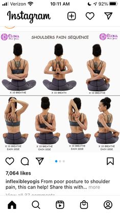 a woman sitting on top of a yoga mat with her hands behind her back and the words instagram