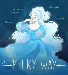 a woman in a blue dress with the words milky way above her head and below her