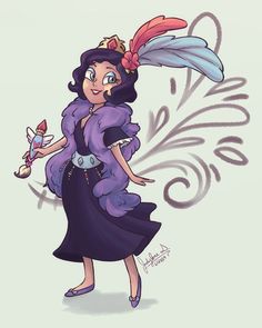 an image of a cartoon character with feathers on her head and purple dress, holding a toy