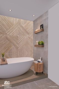 a bathroom with a large bathtub next to a wooden shelf and shelving on the wall