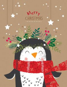 a penguin wearing a scarf and hat with holly wreaths on it's head