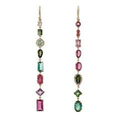 This one of a kind EP original features 16 cts mixed tourmaline and .26 cts diamonds. They measure 3 inches long. Set in 14k yellow gold. Shoulder Duster Earrings, Duster Earrings, Tourmaline Earrings, Tourmaline Jewelry, Dusters, Aesthetic Pastel, Rose Gold Jewelry, Creative Arts, Ear Jewelry