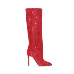 Glamorous Knee-high Heeled Boots For Formal Occasions, Elegant Knee-high Rhinestone Boots, Elegant Knee-high Boots With Rhinestones, Elegant Heeled Boots With Rhinestones For Formal Occasions, Elegant Rhinestone Heeled Boots For Formal Occasions, Luxury Pointed Toe Boots For Party, Luxury Pointed Toe Party Boots, Luxury Winter Party Heels, Red Glamorous Evening Boots