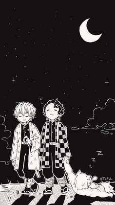 two young boys standing next to each other on a street at night with the moon in the background