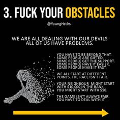 a poster with an arrow pointing to the words, 3 f k your obstacles